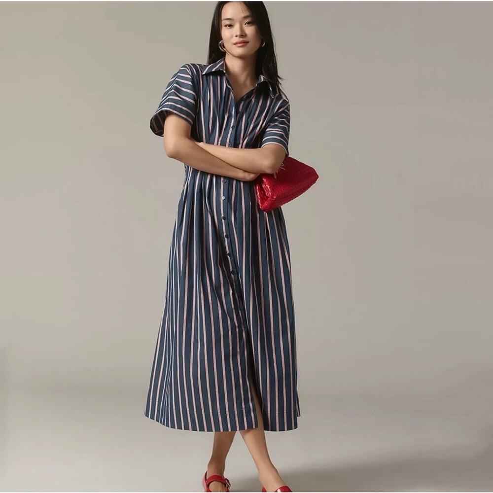 NEW NWT Anthropologie Exquise Tobie Dress Striped Navy Button-Front Shirt Dress